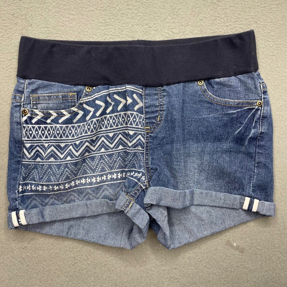 Planet Motherhood Maternity Shorts M Boho Tribal Print Fold Over Belly Ramie